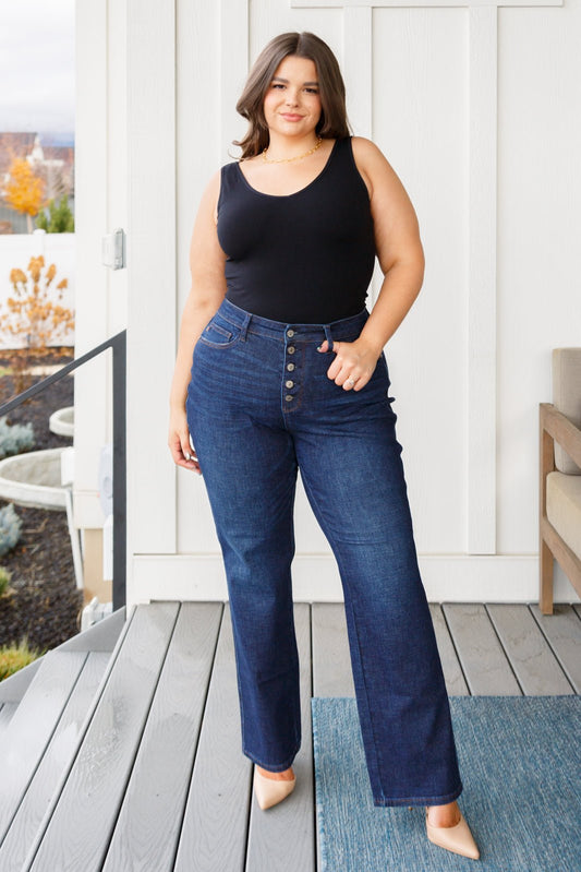 Arlo High Rise Button-Fly Straight Jeans - PEONIES & LIME