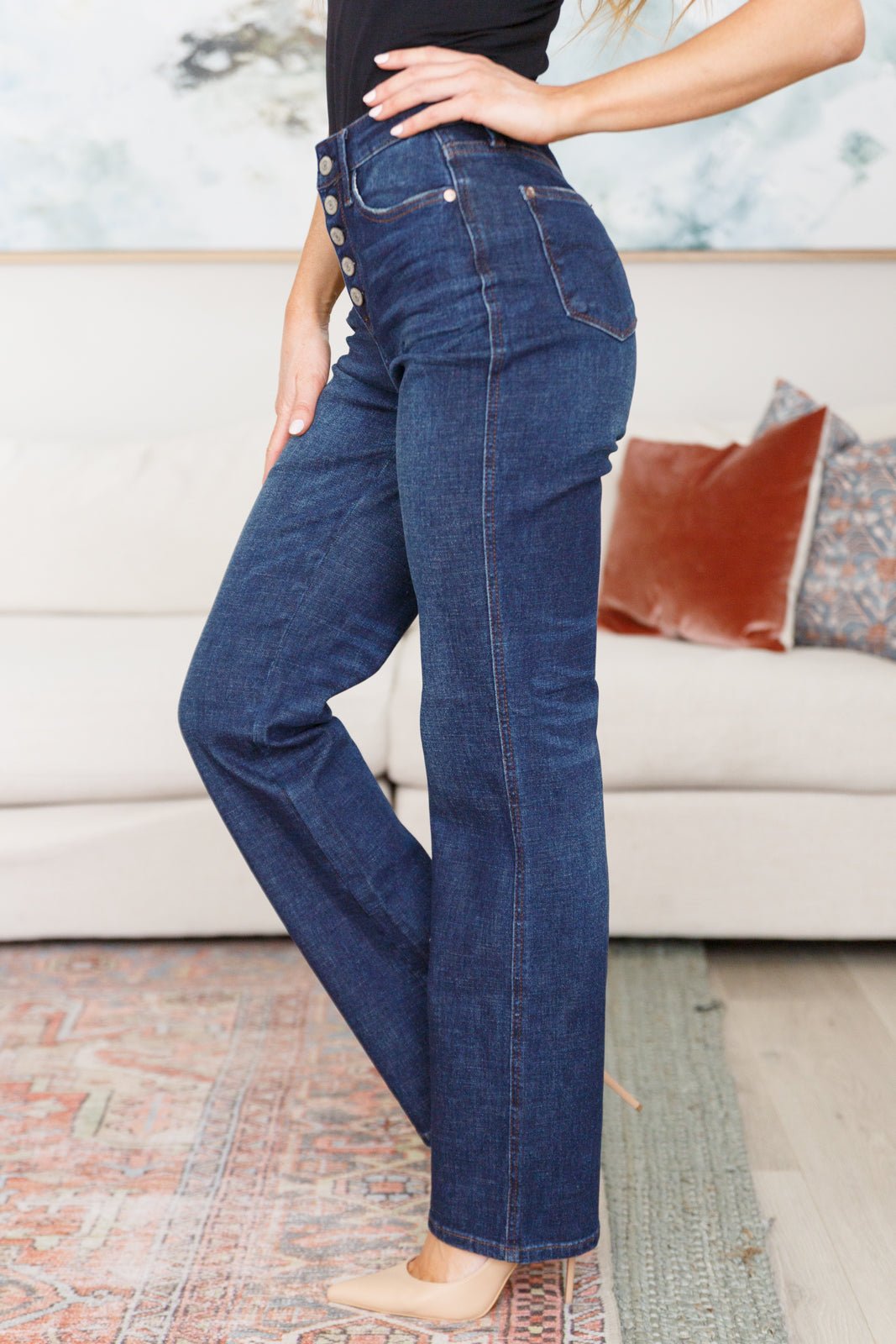 Arlo High Rise Button-Fly Straight Jeans - PEONIES & LIME