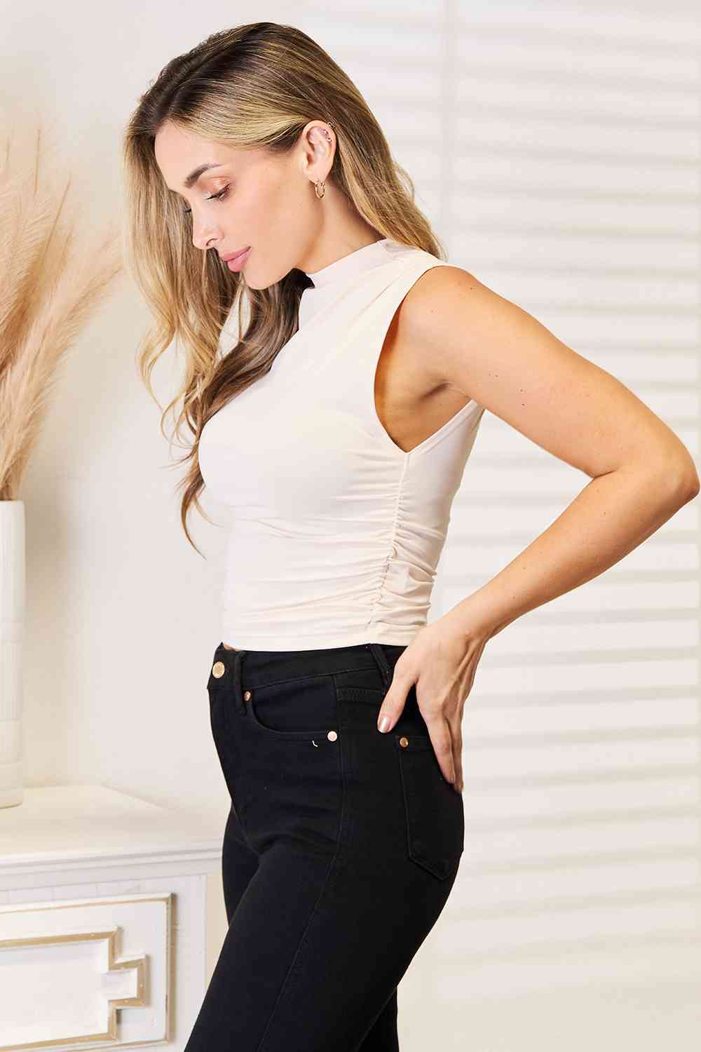Basic Bae Mock Neck Ruched Cropped Tank - PEONIES & LIME