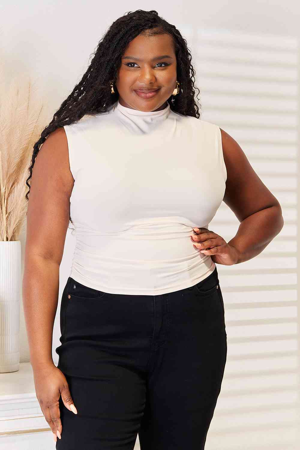 Basic Bae Mock Neck Ruched Cropped Tank - PEONIES & LIME