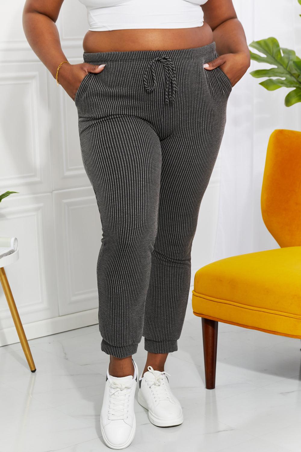 Blumin Apparel Full Size Easy Living Ribbed Joggers - PEONIES & LIME