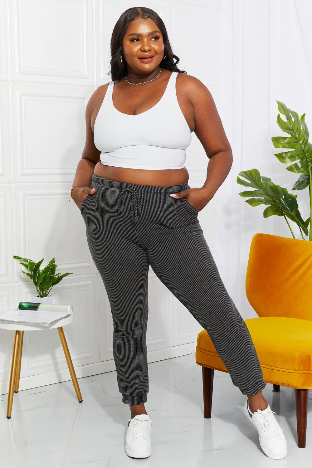 Blumin Apparel Full Size Easy Living Ribbed Joggers - PEONIES & LIME