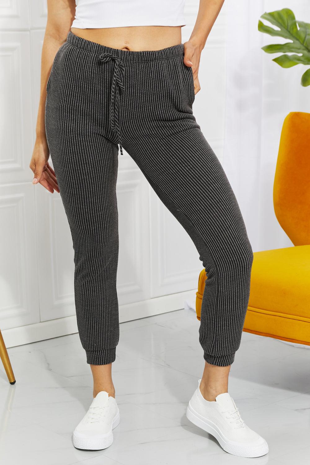 Blumin Apparel Full Size Easy Living Ribbed Joggers - PEONIES & LIME