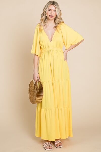 Culture Code Backless Plunge Half Sleeve Tiered Dress - PEONIES & LIME