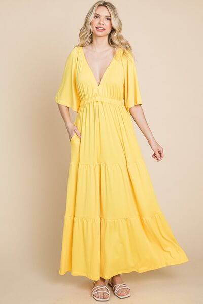 Culture Code Backless Plunge Half Sleeve Tiered Dress - PEONIES & LIME