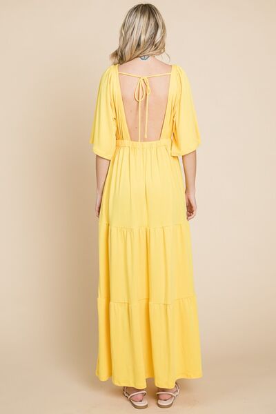 Culture Code Backless Plunge Half Sleeve Tiered Dress - PEONIES & LIME