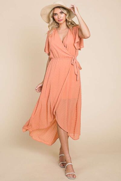 Culture Code Full Size Swiss Dot Tied Slit Short Sleeve Dress - PEONIES & LIME