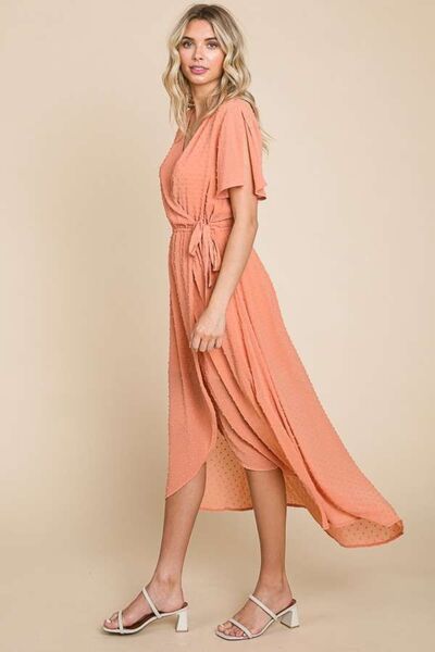 Culture Code Full Size Swiss Dot Tied Slit Short Sleeve Dress - PEONIES & LIME