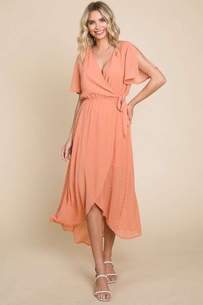 Culture Code Full Size Swiss Dot Tied Slit Short Sleeve Dress - PEONIES & LIME
