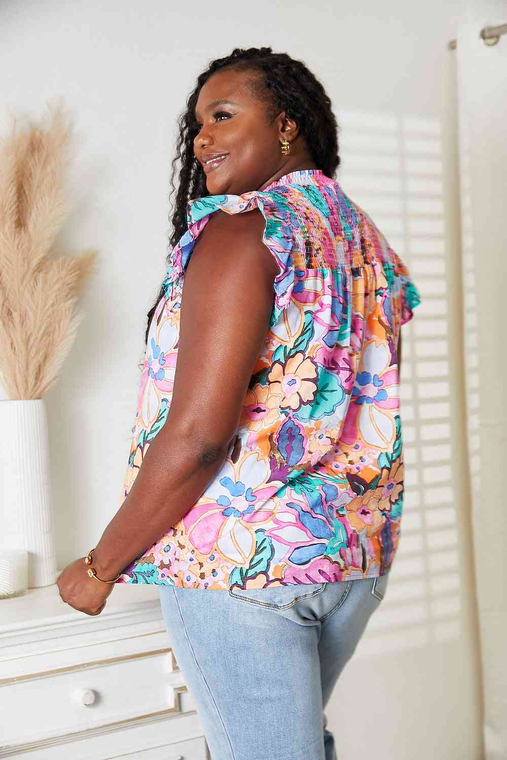 Double Take Floral Smocked Flutter Sleeve Top - PEONIES & LIME