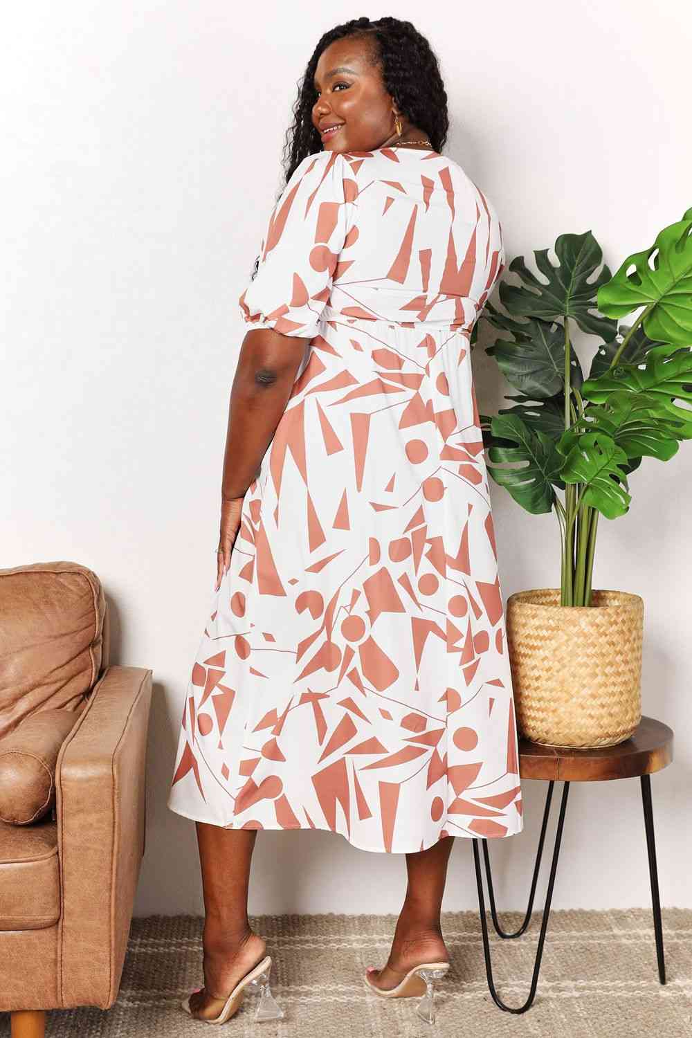Double Take Printed Surplice Balloon Sleeve Dress - PEONIES & LIME