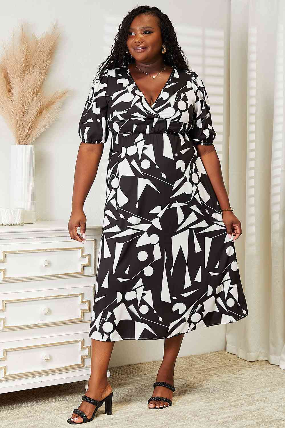 Double Take Printed Surplice Balloon Sleeve Dress - PEONIES & LIME