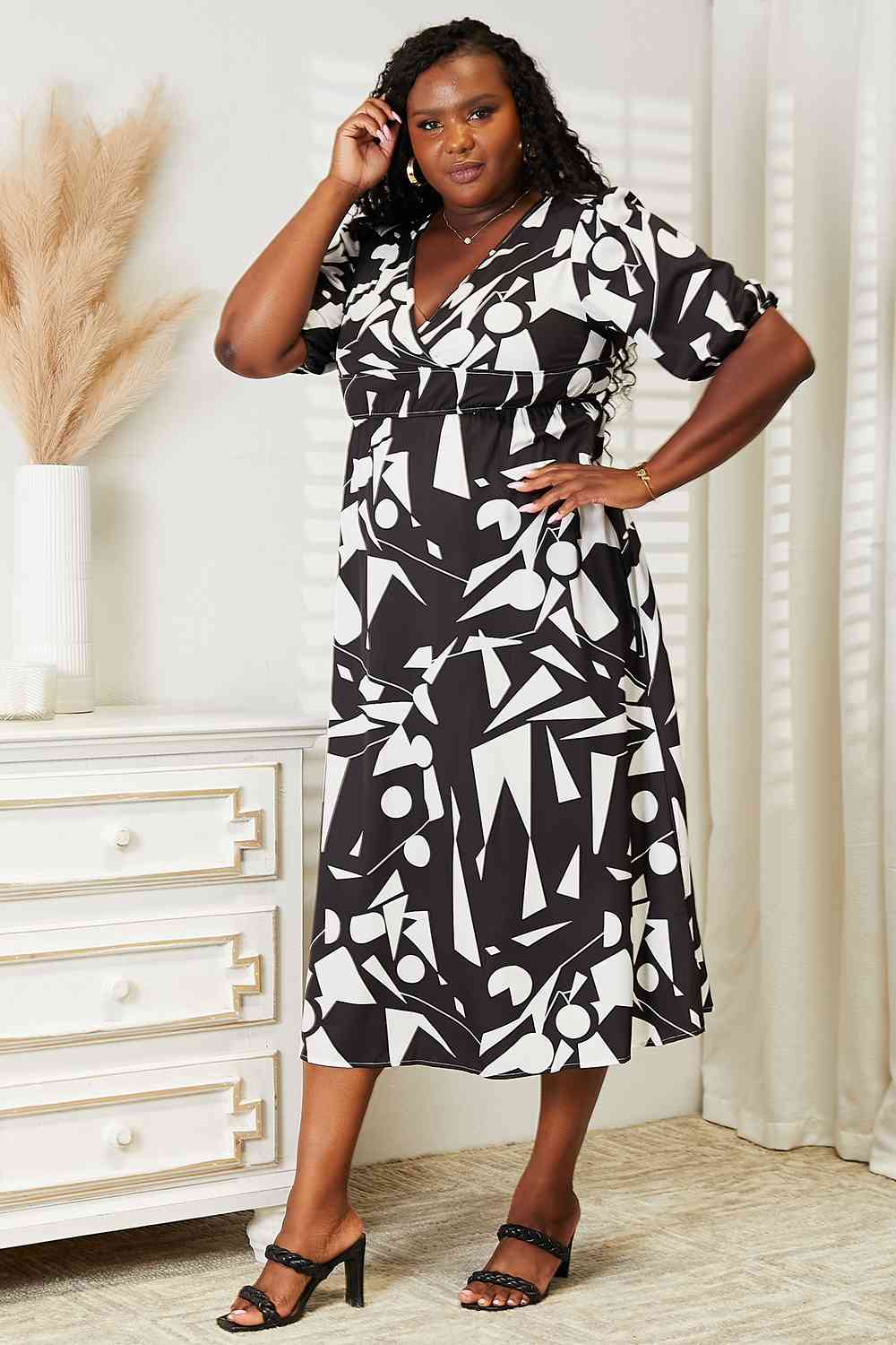 Double Take Printed Surplice Balloon Sleeve Dress - PEONIES & LIME