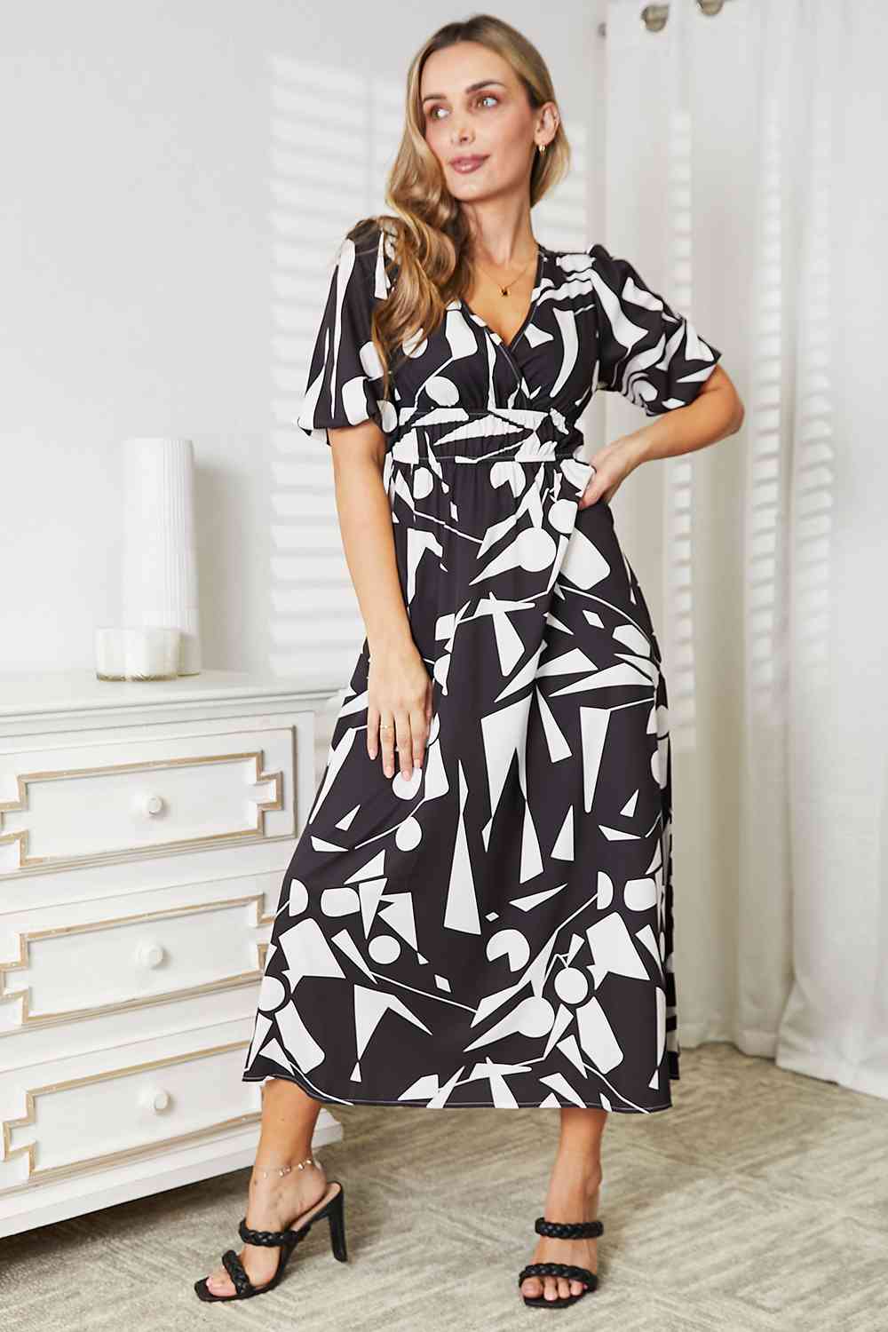 Double Take Printed Surplice Balloon Sleeve Dress - PEONIES & LIME