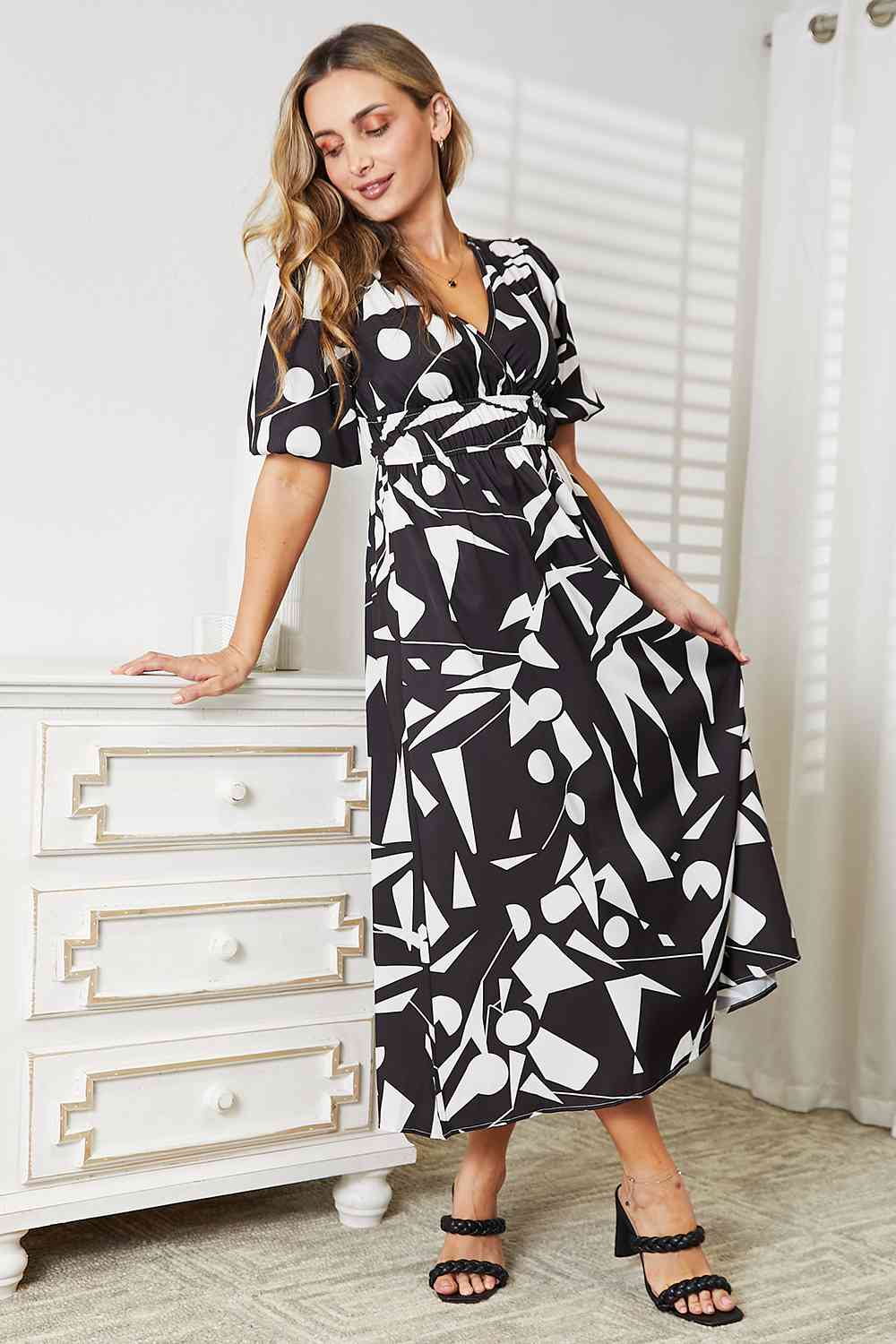 Double Take Printed Surplice Balloon Sleeve Dress - PEONIES & LIME