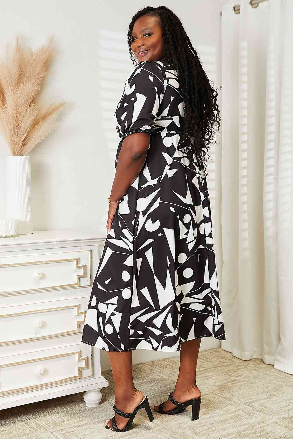 Double Take Printed Surplice Balloon Sleeve Dress - PEONIES & LIME