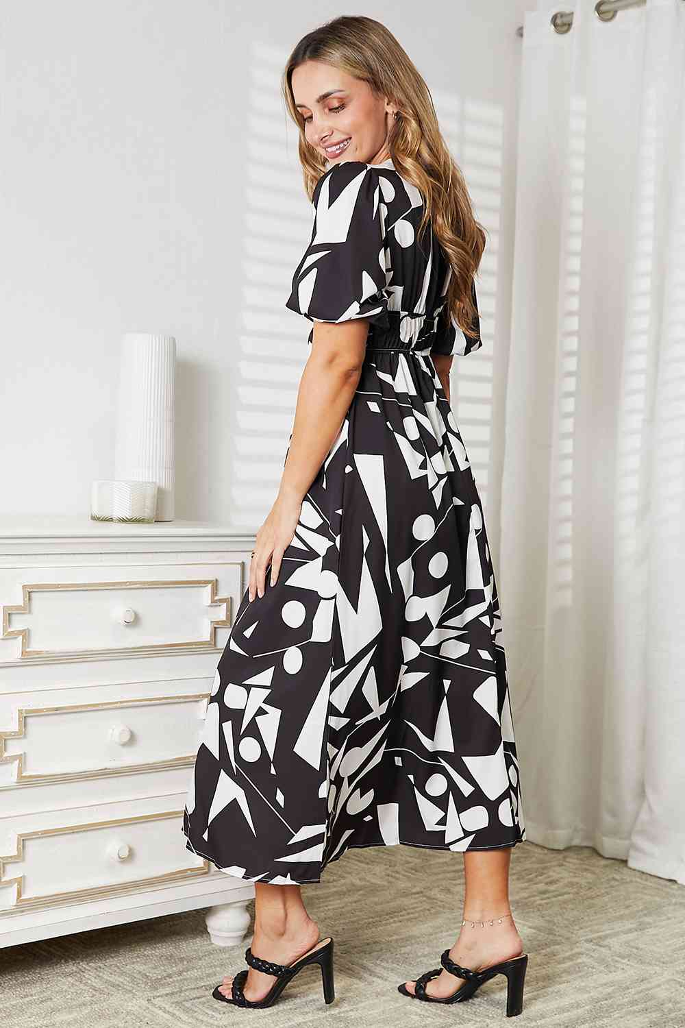 Double Take Printed Surplice Balloon Sleeve Dress - PEONIES & LIME