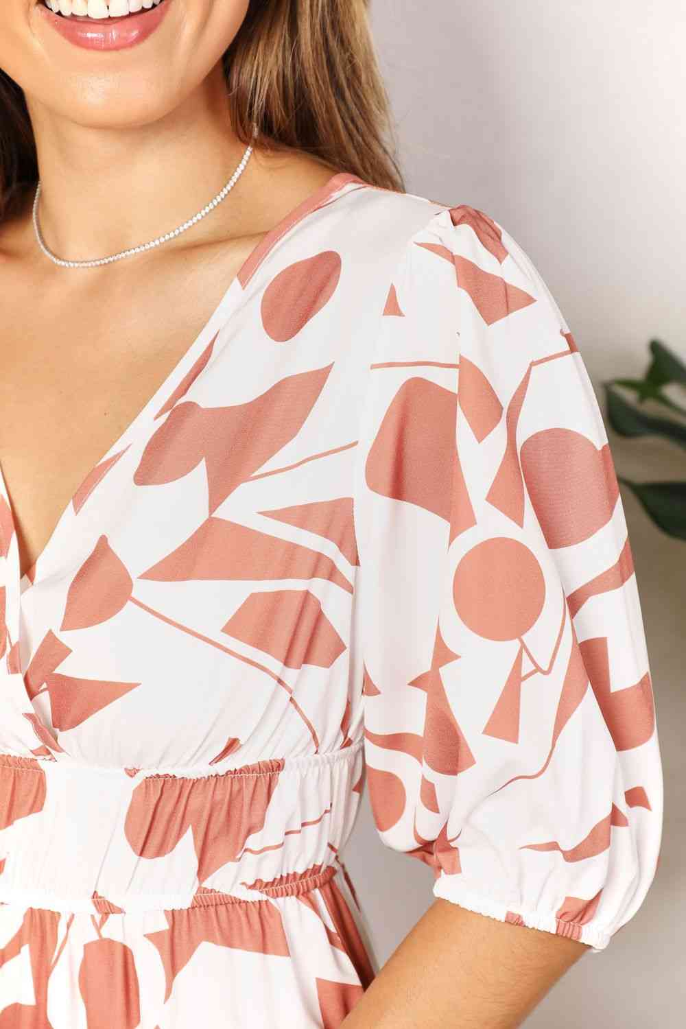 Double Take Printed Surplice Balloon Sleeve Dress - PEONIES & LIME