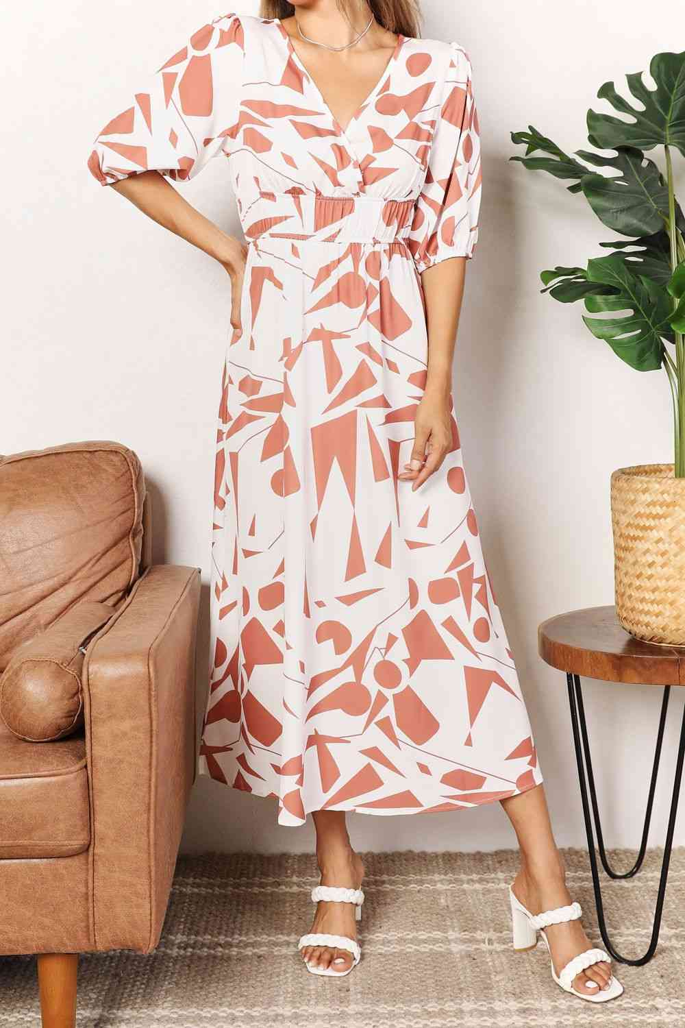 Double Take Printed Surplice Balloon Sleeve Dress - PEONIES & LIME