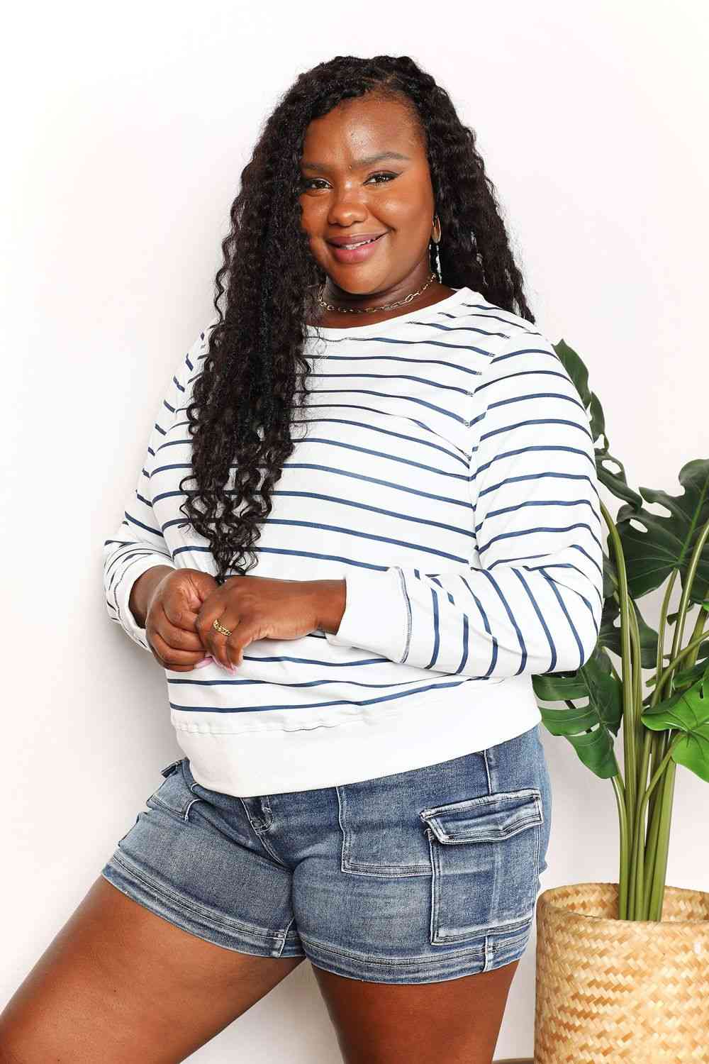 Double Take Striped Long Sleeve Round Neck Top - PEONIES & LIME