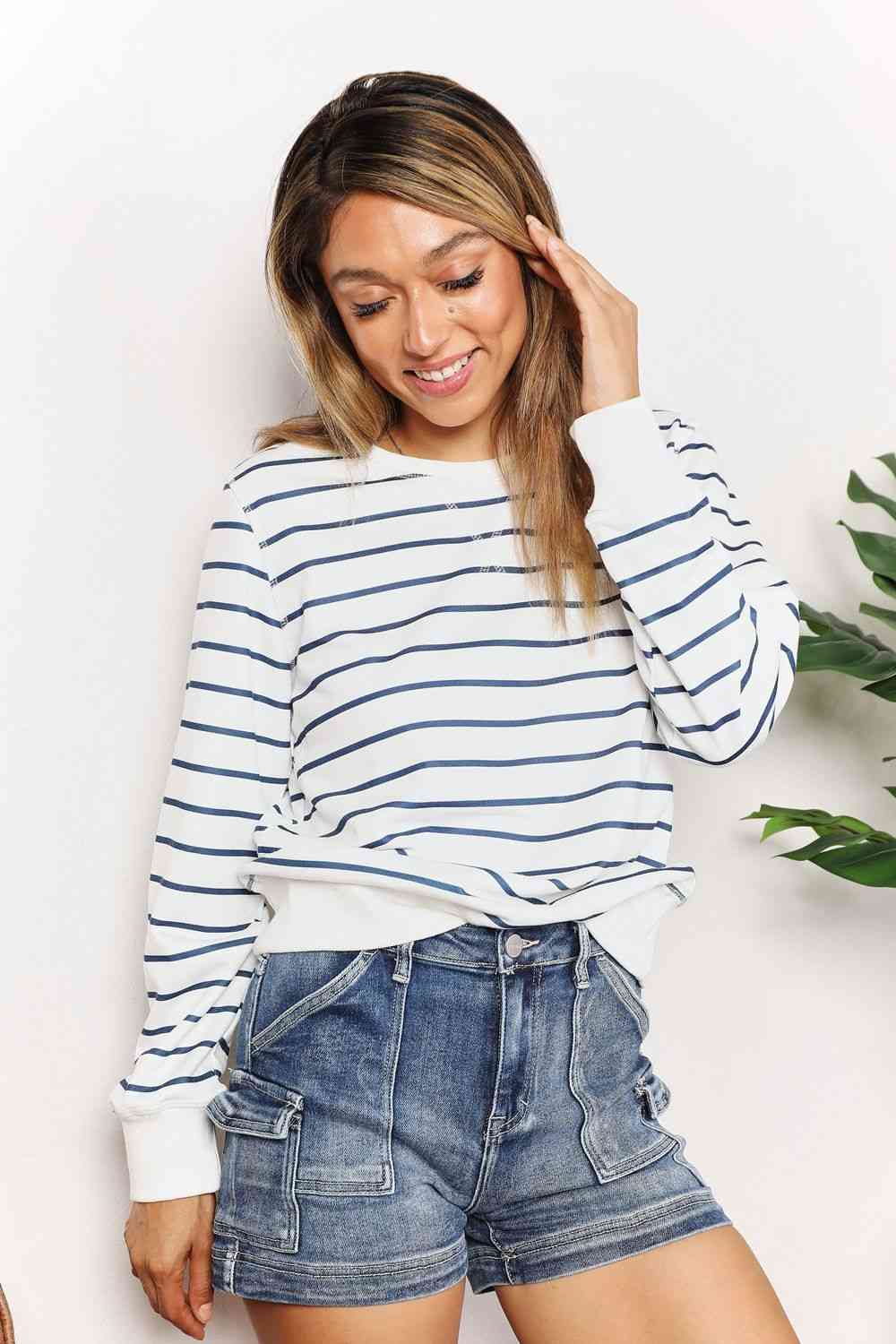 Double Take Striped Long Sleeve Round Neck Top - PEONIES & LIME