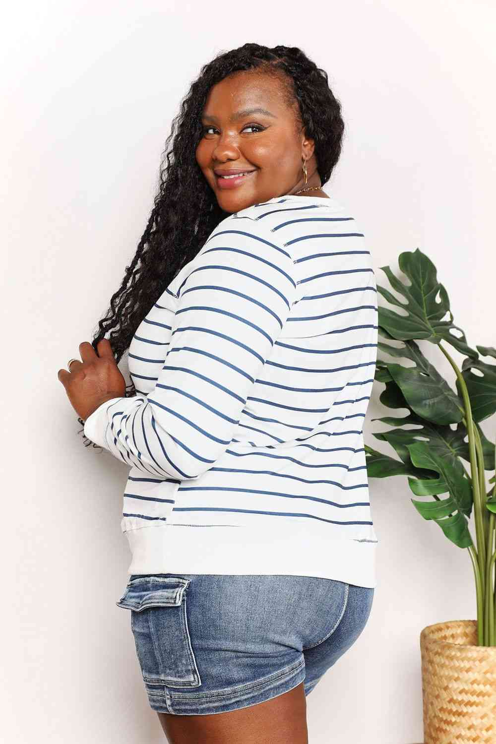 Double Take Striped Long Sleeve Round Neck Top - PEONIES & LIME