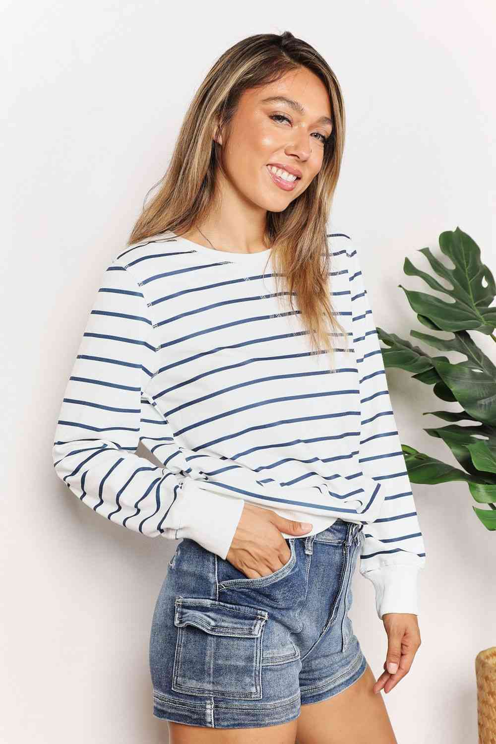 Double Take Striped Long Sleeve Round Neck Top - PEONIES & LIME