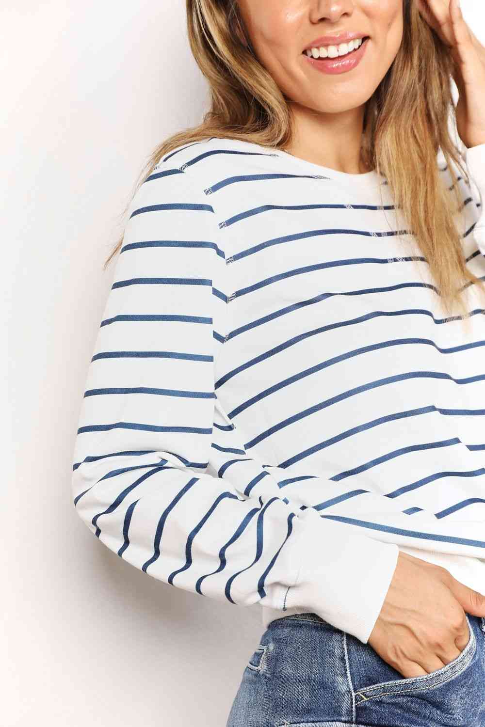 Double Take Striped Long Sleeve Round Neck Top - PEONIES & LIME