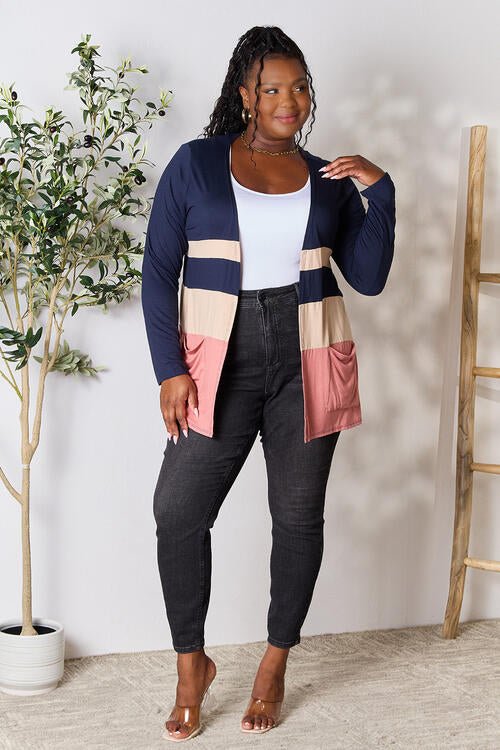e.Luna Full Size Color Block Contrast Open Cardigan - PEONIES & LIME
