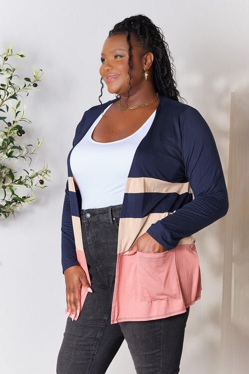 e.Luna Full Size Color Block Contrast Open Cardigan - PEONIES & LIME