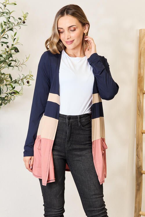 e.Luna Full Size Color Block Contrast Open Cardigan - PEONIES & LIME