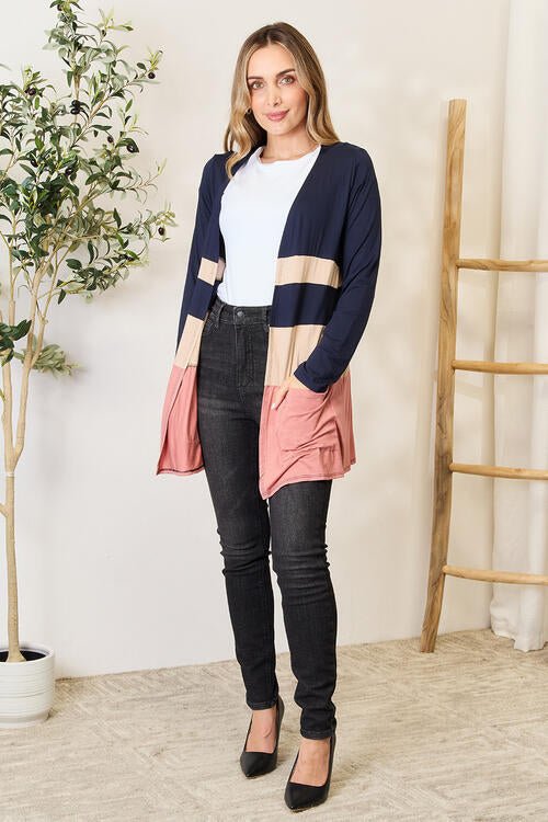 e.Luna Full Size Color Block Contrast Open Cardigan - PEONIES & LIME
