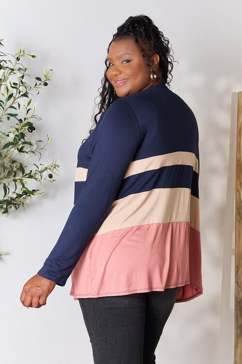 e.Luna Full Size Color Block Contrast Open Cardigan - PEONIES & LIME