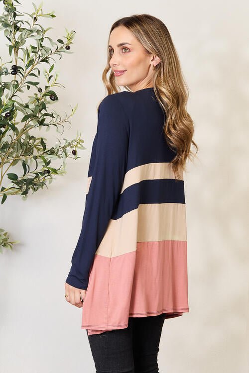 e.Luna Full Size Color Block Contrast Open Cardigan - PEONIES & LIME