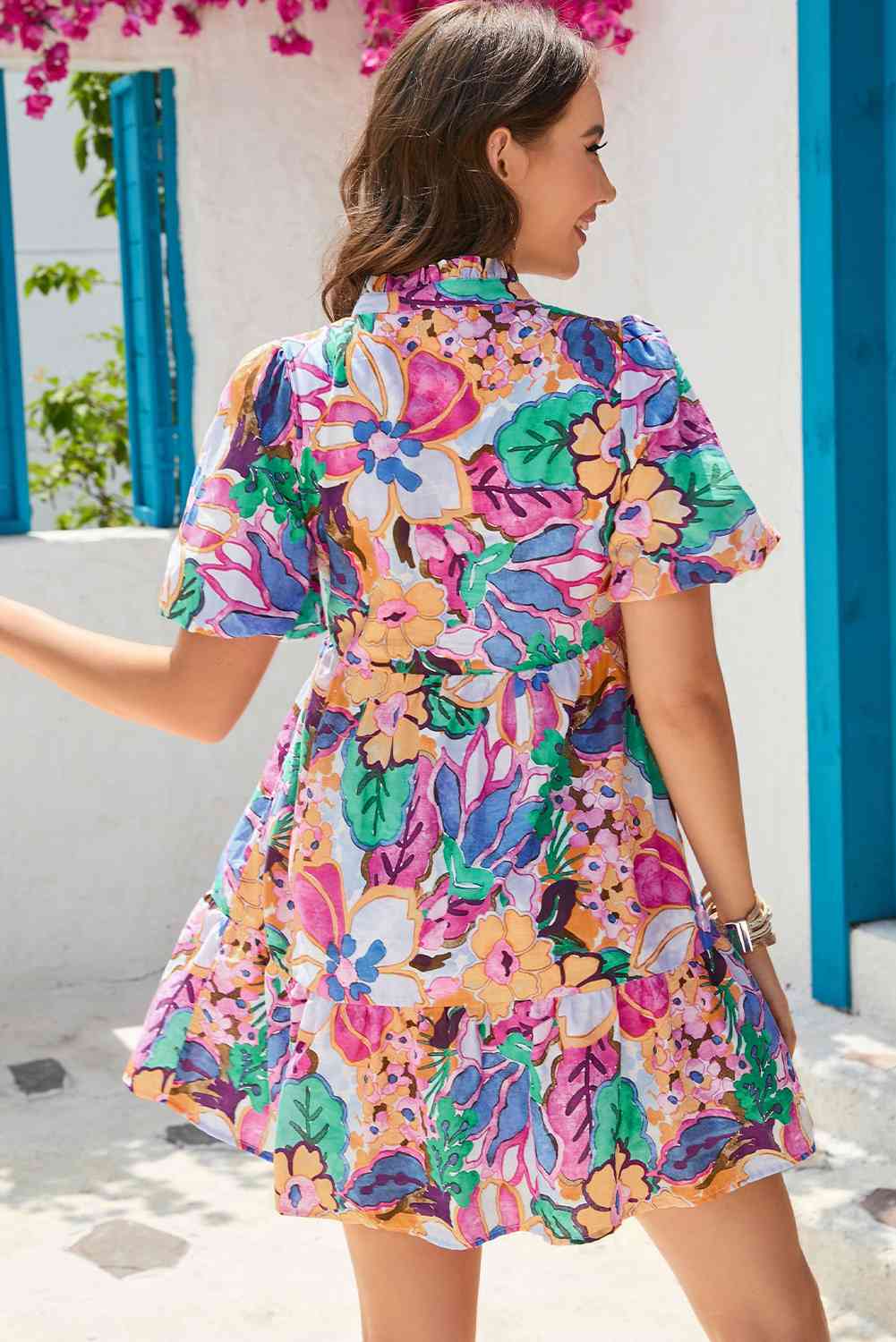 Floral Notched Neck Ruffle Hem Dress - PEONIES & LIME