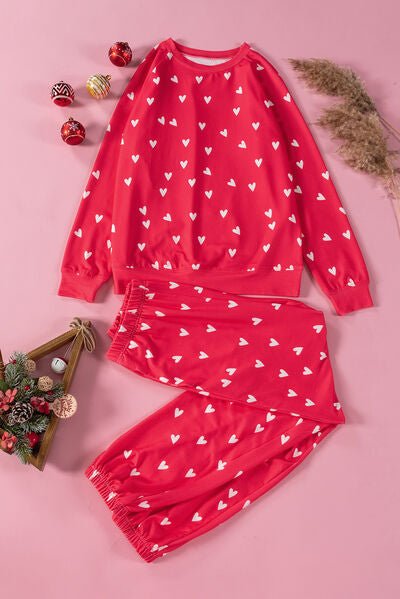 Heart Round Neck Top and Pants Set - PEONIES & LIME