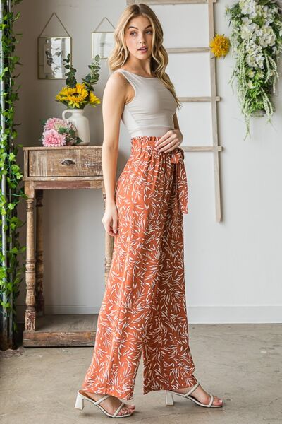 Heimish Full Size Printed Tied Straight Casual Pants - PEONIES & LIME