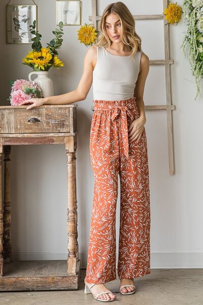 Heimish Full Size Printed Tied Straight Casual Pants - PEONIES & LIME