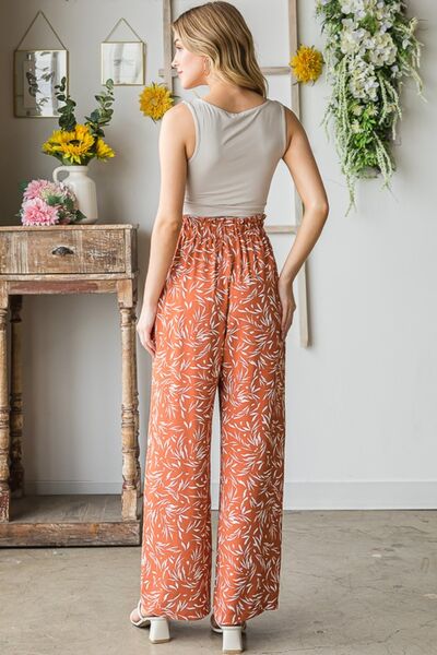 Heimish Full Size Printed Tied Straight Casual Pants - PEONIES & LIME