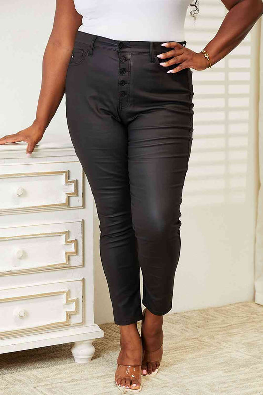 High Rise Black Coated Ankle Skinny Jeans - PEONIES & LIME