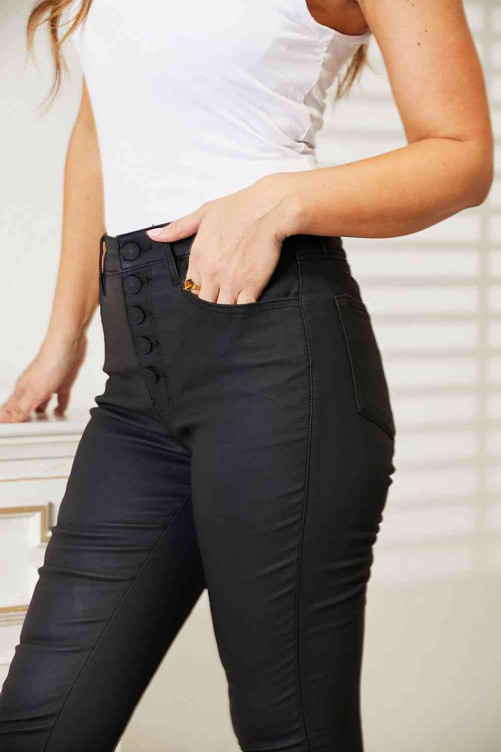 High Rise Black Coated Ankle Skinny Jeans - PEONIES & LIME
