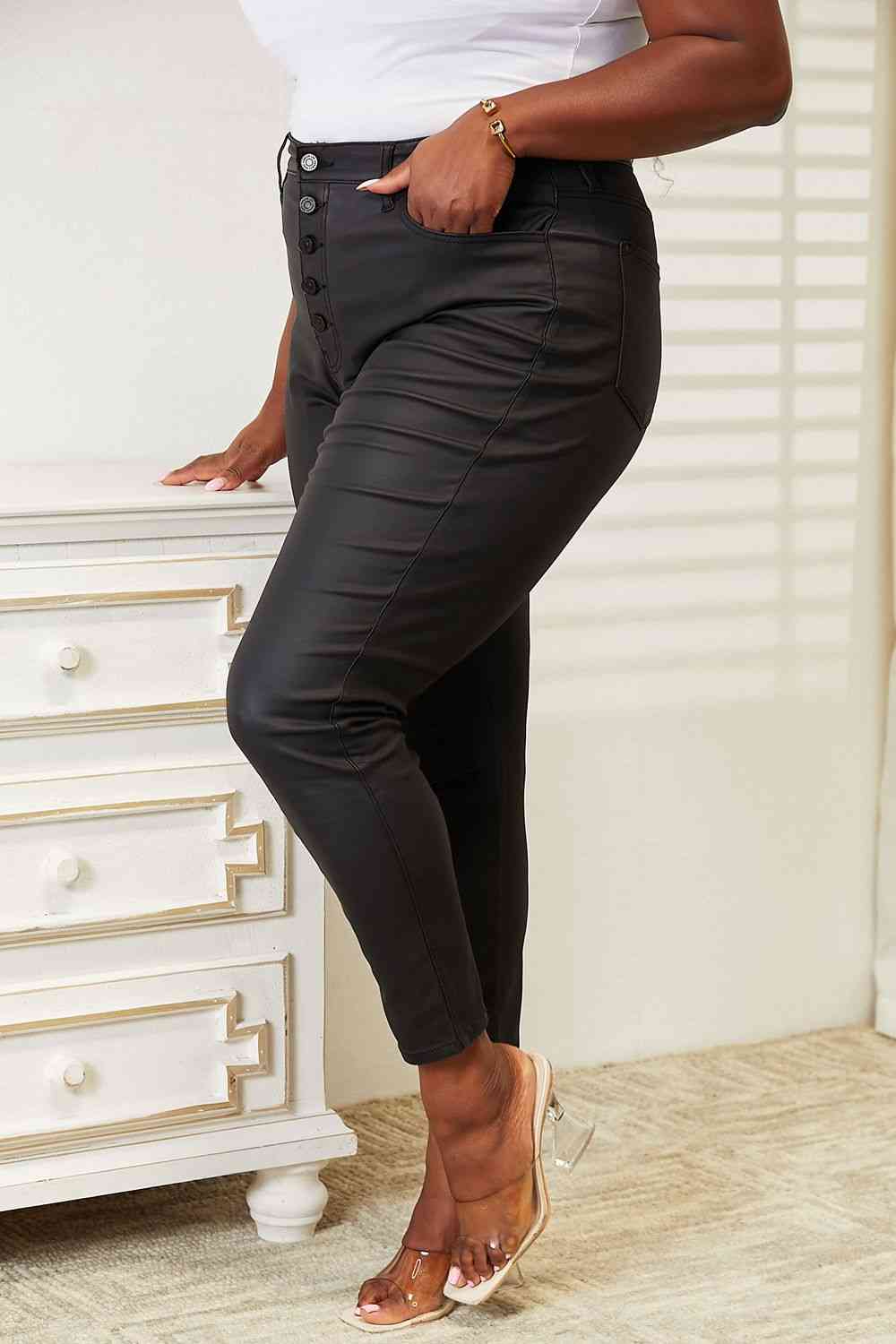 High Rise Black Coated Ankle Skinny Jeans - PEONIES & LIME