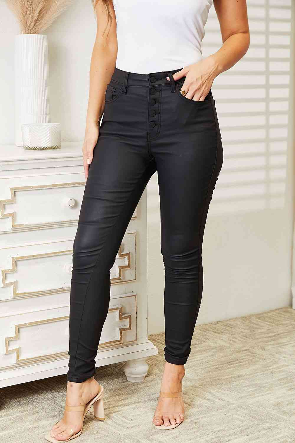 High Rise Black Coated Ankle Skinny Jeans - PEONIES & LIME