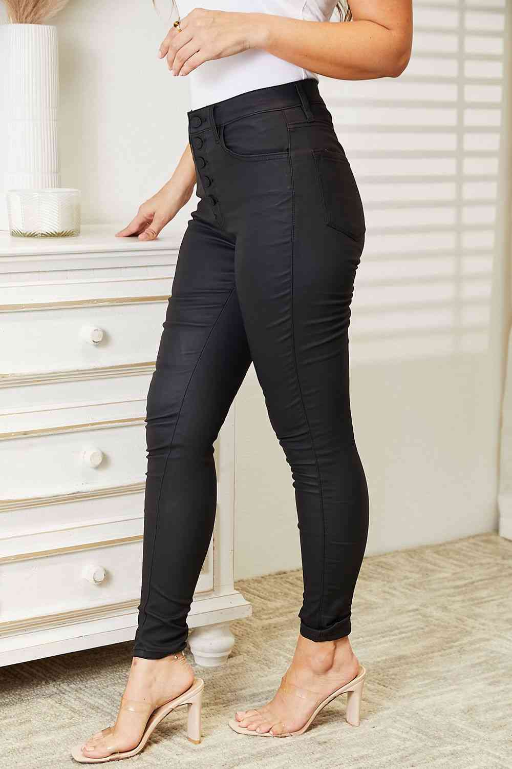 High Rise Black Coated Ankle Skinny Jeans - PEONIES & LIME