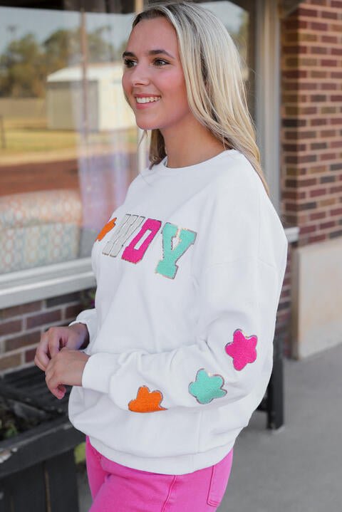 HOWDY Graphic Round Neck Sweatshirt - PEONIES & LIME