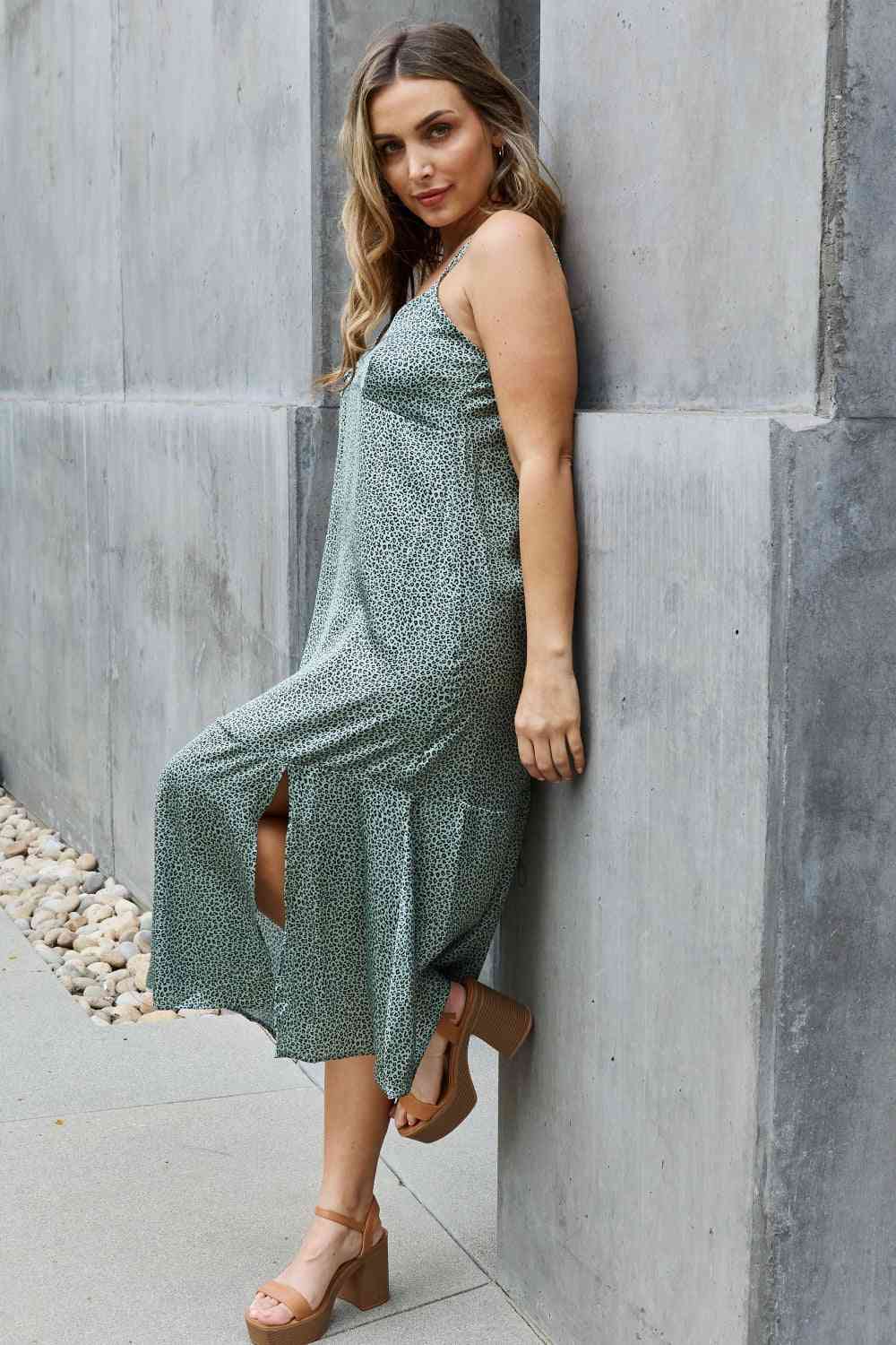Jade By Jane Wild Thing Full Size Satin Midi Slit Dress - PEONIES & LIME