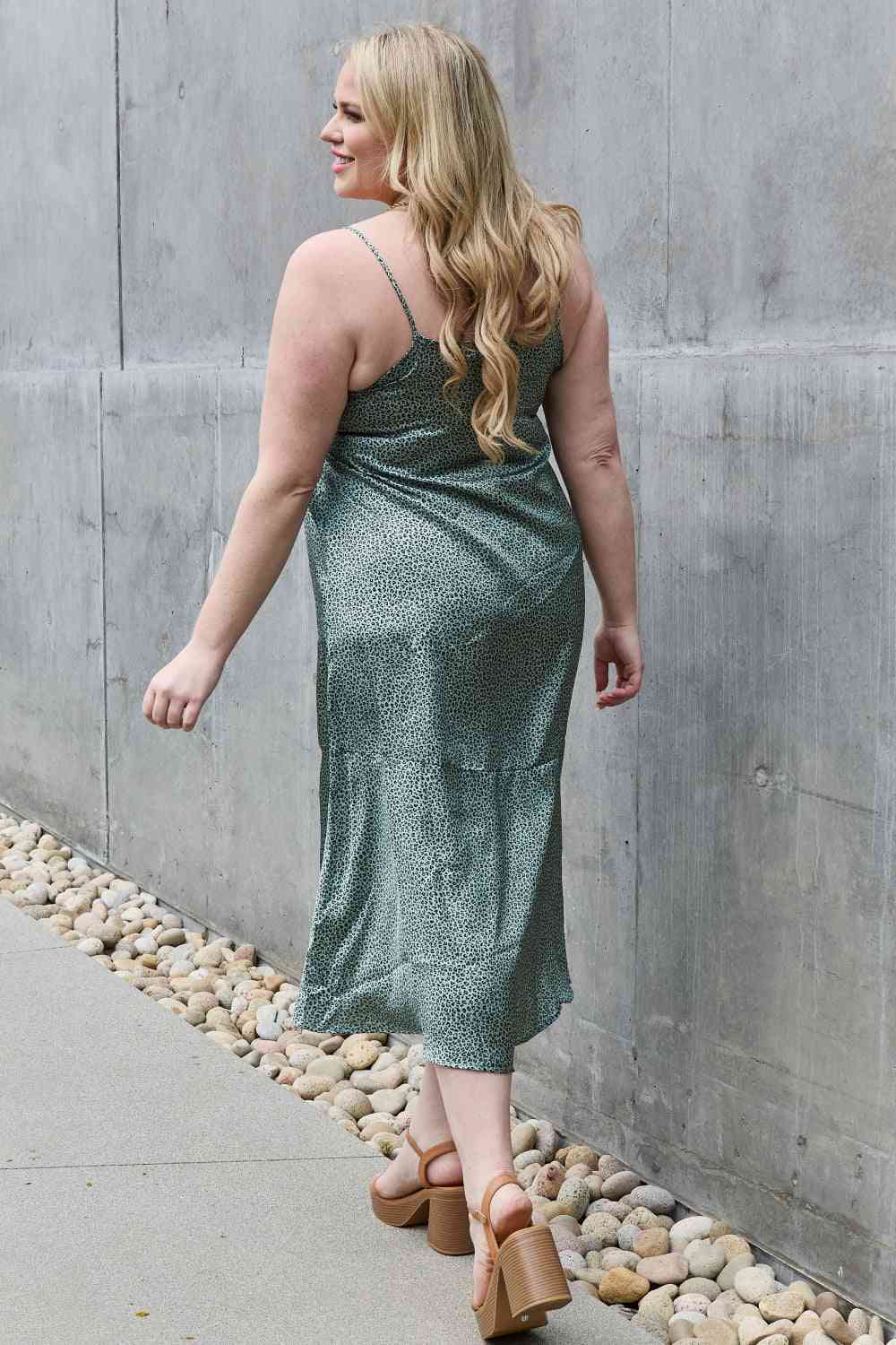 Jade By Jane Wild Thing Full Size Satin Midi Slit Dress - PEONIES & LIME