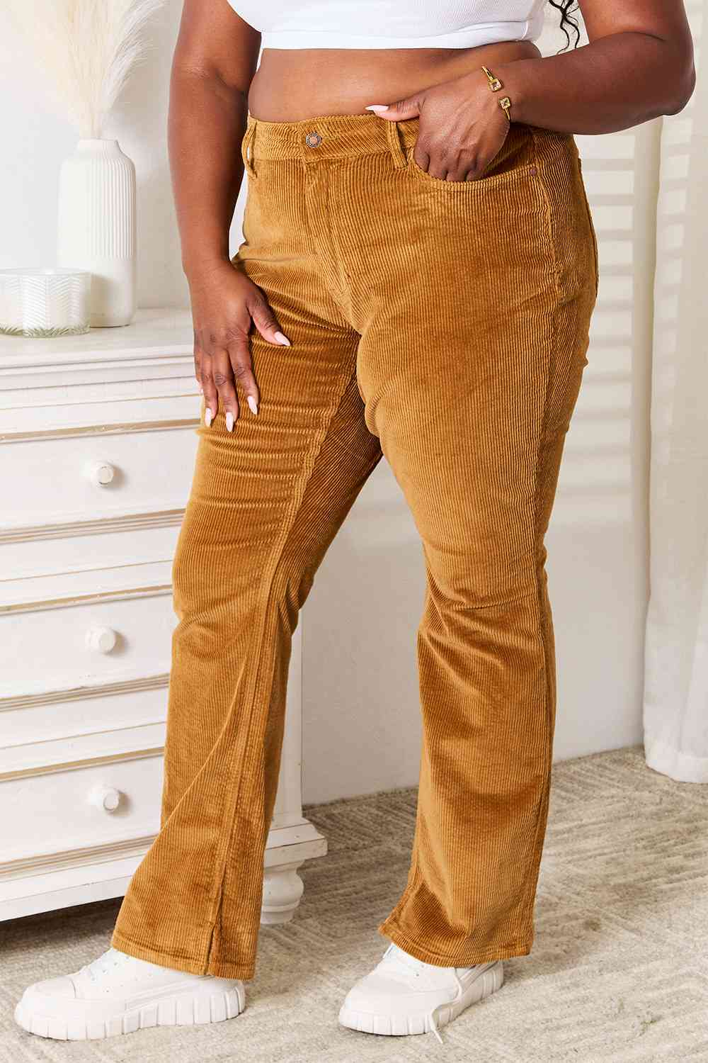 Judy Blue Mid Rise Corduroy Pants - PEONIES & LIME
