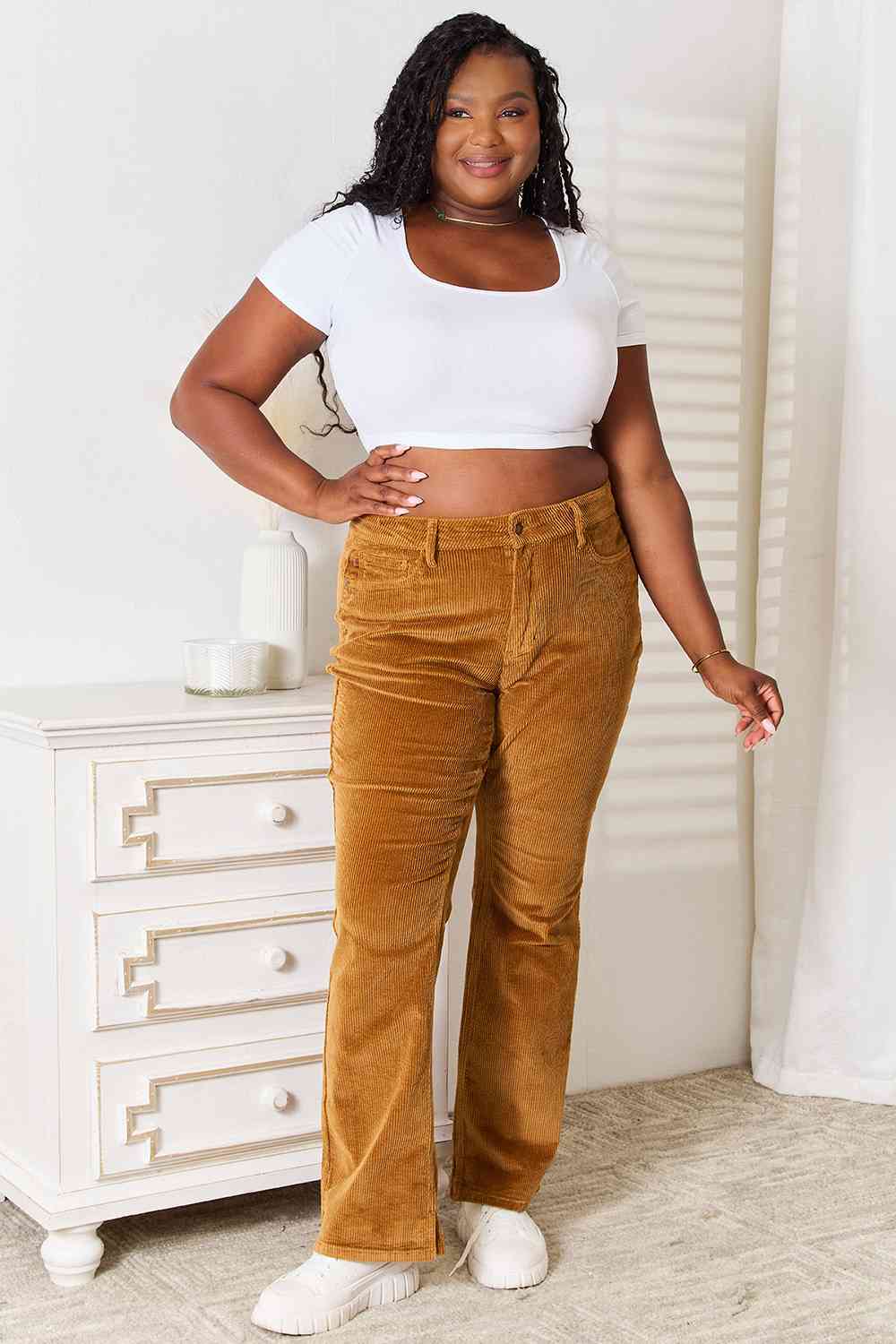 Judy Blue Mid Rise Corduroy Pants - PEONIES & LIME