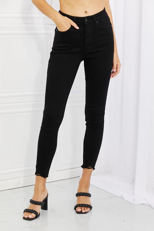 Judy Blue Mila Full Size High Waisted Shark Bite Hem Skinny Jeans - PEONIES & LIME